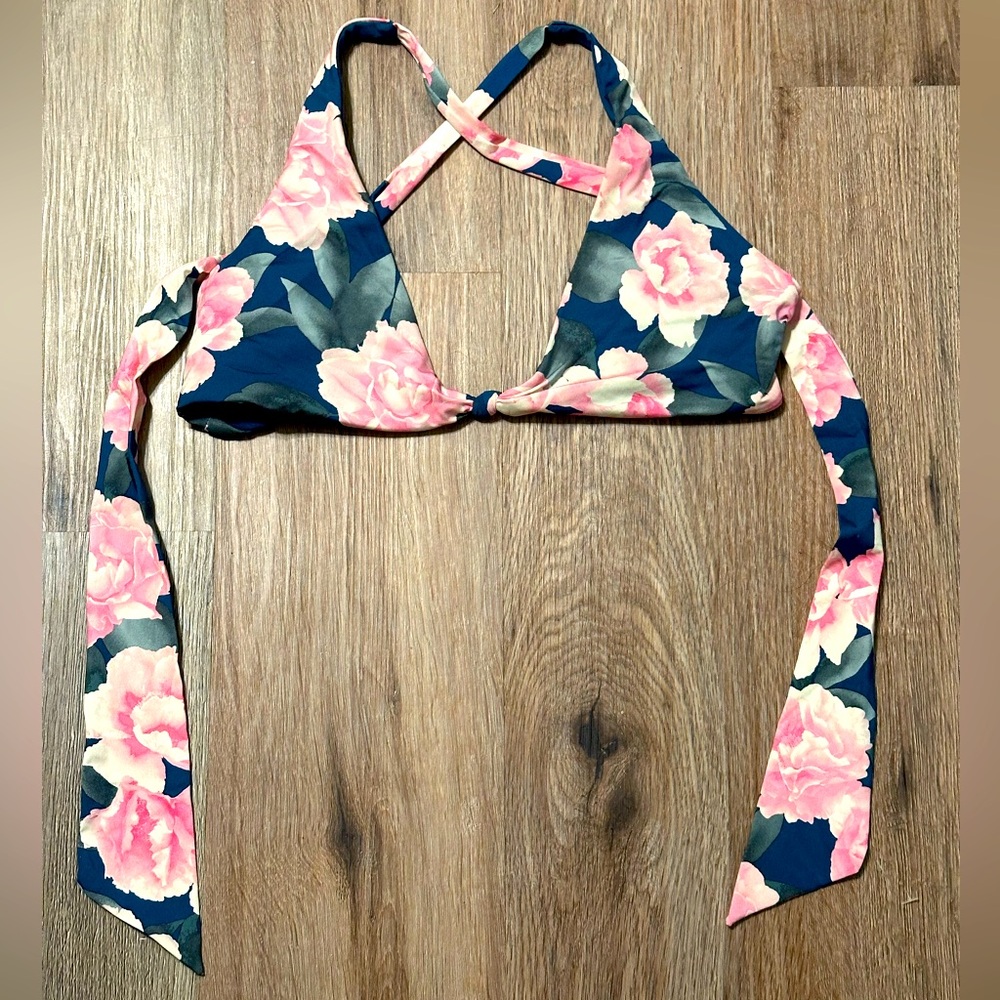Frankie’s Bikinis Pink Peony Floral Cross tie top